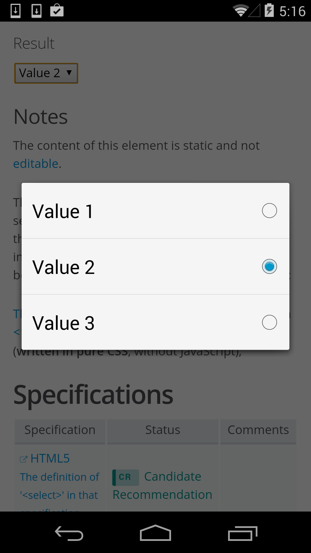 an Android device's select pop up
