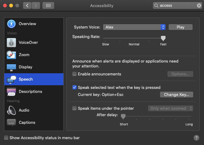 A screenshot of the macOS a11y speech settings