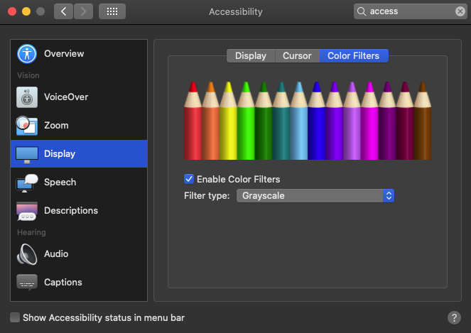 A screenshot of the macOS greyscale controls