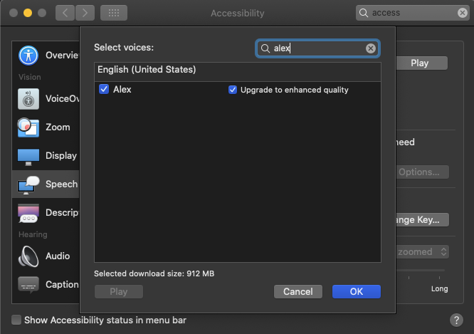 A screenshot of the macOS a11y panel to upgrade voices to enhanced quality