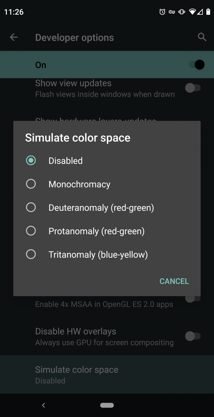A screenshot of the Android monochomacy controls