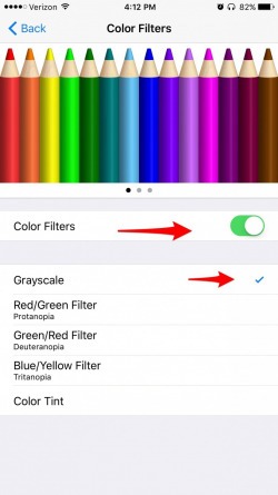 A screenshot of the iOS grayscale controls