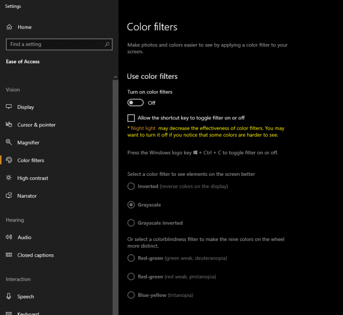 a screenshot of the Windows grayscale mode controls